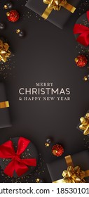 Christmas vertical backgrounds, xmas poster, web banner. Holiday templates cover for social networks, design for and stories. Realistic 3d decorative objects. Happy New year. vector illustration