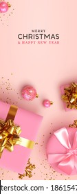 Fondos verticales de Navidad, afiche de Navidad, banner web. Las plantillas de vacaciones cubren las redes sociales, el diseño y las historias. Objetos realistas de decoración 3d. Feliz Año Nuevo. ilustración vectorial