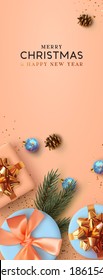 Christmas vertical backgrounds, xmas poster, web banner. Holiday templates cover for social networks, design for and stories. Realistic 3d decorative objects. Happy New year. vector illustration