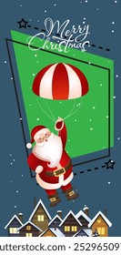 Christmas vertical banner design. Cute Santa Claus flying with parachute over snow covered rooftops. Illustration can be used for greeting cards, flyers, posters