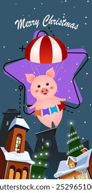 Christmas vertical banner design. Cute piggy flying with parachute over night city. Illustration can be used for greeting cards, flyers, posters