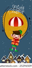 Christmas vertical banner design. Jolly elf with gift flying with parachute over snow covered rooftops. Illustration can be used for greeting cards, flyers, posters