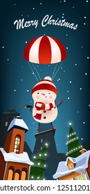 Christmas vertical banner design. Winking snowman flying with parachute over night city. Illustration can be used for greeting cards, flyers, posters