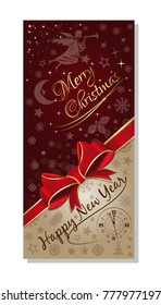 Christmas vertical banner. Festive flyer for Christmas and New Year. Christmas design with angel, clock and Christmas decorative elements. Vector illustration