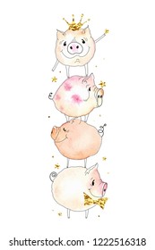 Christmas vertical banner with happy pigs, symbol of 2019 winter holidays. Vector doodles illustration with watercolor spots. Greeting template on white background.
