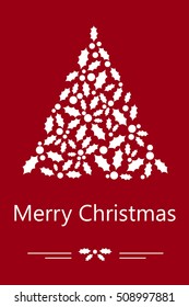 Christmas vertical banner with invitation text, Holly leaves and berries on a red background. Vector illustration