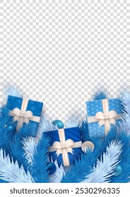 Vertikale Weihnachtsbanner-Vorlage mit blauen 3D-Geschenkboxen, die mit weißen Schleifen, realistischen Weihnachtskugeln und eisigen Kiefern- oder Weihnachtsbaumzweigen als Rahmen auf transparentem Hintergrund mit Kopienraum für Text verbunden sind