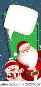 Christmas vertical banner template. Cheerful snowman, cartoon Santa Claus, blank speech bubble and snowfall on abstract background. Festive design can be used for greeting cards, flyers, posters