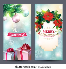 Christmas vertical banners with Christmas decoration, fir branches, poinsettia flowers, gifts and greeting. Vector set. 