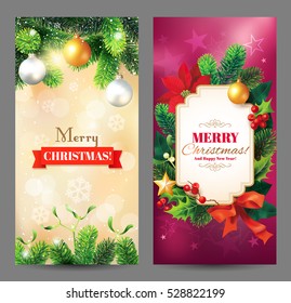 Christmas vertical banners with Christmas decoration, fir branches, poinsettia flowers, baubles and greeting. Vector set. 