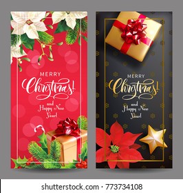 Christmas vertical, banners with poinsettia flowers, fir branches, gifts and lettering. Vector set. 