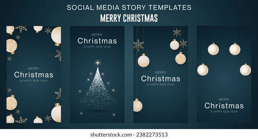 Christmas vertical blue backgrounds, xmas poster, web banner. Holiday templates cover for social networks, design for and stories. Realistic 3d decorative objects. Happy New year. vector illustration