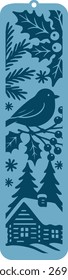 Vertikales Weihnachtslesezeichen. Laserschablone. Dekorative Lesezeichenschablone zum Schneiden von Papier, Holz und Metall. Vektordesign mit Wintermuster