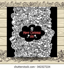 Christmas vertical doodle seamless border ink pen on black with blue wood background for invitation or congratulation with Merry Christmas and Happy New Year or for Christmas sale