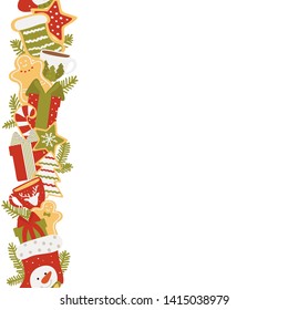 Christmas vertical frame of gifts and sweets isolated on white background. Vector illustration in hand drawn style.