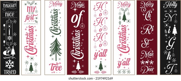 Paquete de signos de porche vertical navideño para puerta y fondo.  Bastante bonito que probé, diseñé citas y dije mi primera Navidad, árbol desordenado, magia de la Navidad, ho ho y'all, diseño nocturno holly.