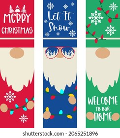 Christmas vertical porch signs set with Gnomes. Welcome porch sign winter holidays design. Scandinavian nordic gnome collection. Home entrance decoration vector illustration.