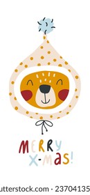 Christmas vertical postcard banner with a bear in a funny hat Merry Christmas lettering. A cute character in a simple hand-drawn modern childish style. Vector illustration in limited trend palette
