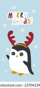 Christmas vertical postcard banner with penguin in horns. Merry Christmas lettering. Funny cute character in simple hand drawn modern kid style. Vector illustration in limited trend palette