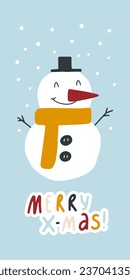 Christmas vertical postcard banner with snowman. Merry Christmas lettering. Funny cute character in simple hand drawn modern kid style. Vector illustration in limited trend palette