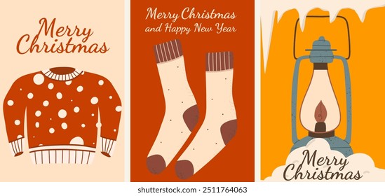 Navidades Vertical de carteles o conjunto de tarjetas. Feliz Año Nuevo dibujar a mano Elementos de Vector. 
