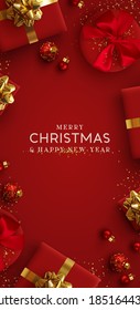 Fondo de Navidad vertical rojo, afiche de Navidad, banner web. Las plantillas de vacaciones cubren las redes sociales, el diseño y las historias. Objetos realistas de decoración 3d. Feliz Año Nuevo. ilustración vectorial