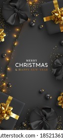 Christmas vertical reels background, xmas poster, web banner. Holiday templates cover for social networks, design for and stories. Realistic 3d decorative objects. Happy New year. vector illustration