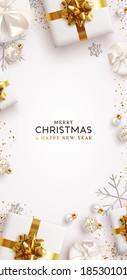 Christmas vertical reels background, xmas poster, web banner. Holiday templates cover for social networks, design for and stories. Realistic 3d decorative objects. Happy New year. vector illustration