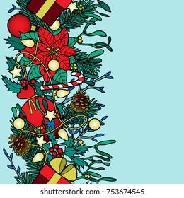 Christmas vertical seamless border. Colorful new year wallpaper on blue background for greeting cards, mock ups with text place, postcards and textile prints.