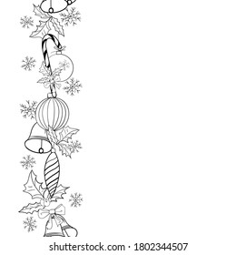 Christmas vertical seamless border on a white background. Black outline of snowflakes, candy cane, holly, bells, balls. Place for your text. For holiday greeting card, invitation. Vector illustration.