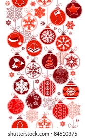 Frontera vertical transparente de Navidad con bolas colgantes rojas