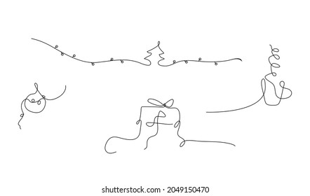 Christmas vertor one line art set. Gift, hot coffee, garland, Christmas tree toy