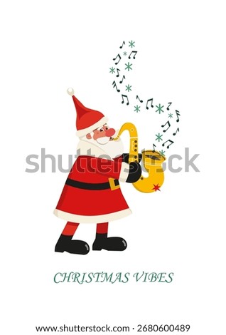 Christmas Vibes cute minimal design hand drawn vector icon. Funny Santa playing Christmas melody on sax cartoon design element illustration. Winter holidays season live music concert event background