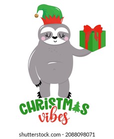 Christmas Vibes - funny sloth tangled in Christmas lights. Sloth doodle draw. Adorable poster for Xmas party, good for t shirts, gifts, mugs or other print designs. Winter Pajama decoration.