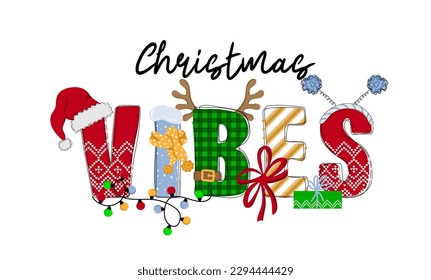 Christmas vibes. Hand drawn doodle text with Santa hat, antler, garlands and tied bow. Christmas design for poster, banner, t shirt, card, flyer. Vector illustration	