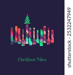 Christmas Vibes Holiday Music colorful vector icon. Winter Season Holidays Live Music event. Piano, x-mas tree cartoon illustration. Christmas Tunes, Festive Night celebration, performance background