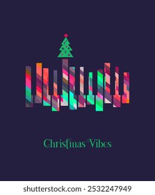 Christmas Vibes Holiday Music colorful vector icon. Winter Season Holidays Live Music event. Piano, x-mas tree cartoon illustration. Christmas Tunes, Festive Night celebration, performance background