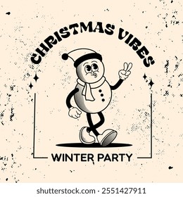 Christmas vibes. Label template Cartoon snowman character in retro style for Christmas and New Year. Vector mascot illustration in trendy vintage comic style Isolated