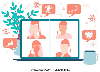 Christmas video call conference or meeting people with Christmas hats talking about the news and global events. Stream friends. Chatting from home. Vector flat illustration. EPS10.