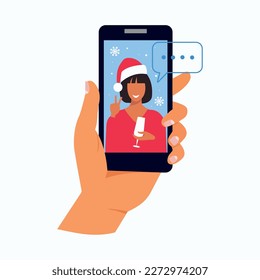 Christmas video call. People congratulate each other. New Year online party. People celebrate holidays in video chat. Fun and safe. Vector illustration in flat cartoon style.