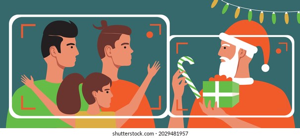 Christmas video call with santo claus. Flat vector stock illustration. A kid with an LGBTQ family online. Santa's Christmas gifts. Social distance online. Christmas illustration
