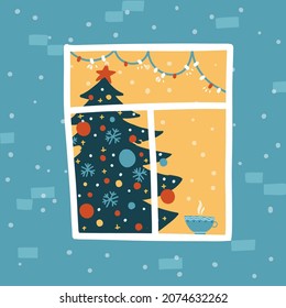 Christmas view concept. Christmas tree in the window with garland and cup of tee, view of the window from outside. New Year's card. Vector flat hand drawn illustration