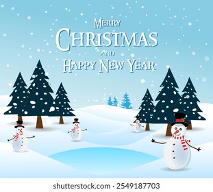 Christmas view vector illustration and snowman.