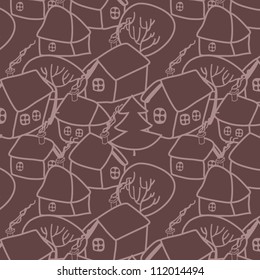 Christmas village in brown seamless pattern, vector