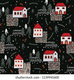 Christmas Village Church House Vector Pattern, Hand Drawn Black Red Seamless Festive Backdrop Illustration for Holidays Fashion Prints, Stationery, Xmas Decor, Gift Wrapping , Seasonal Backgrounds