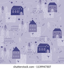 Christmas Village Church House Vector Pattern, Hand Drawn Purple Texture Seamless Festive Backdrop Illustration for Holidays Fashion Prints, Stationery, Xmas Decor, Gift Wrapping, Seasonal Backgrounds