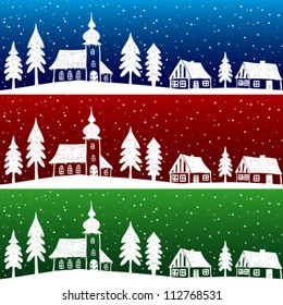 Christmas village with church seamless pattern - hand drawn illustration