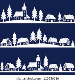 Christmas village with church seamless pattern - hand drawn illustration