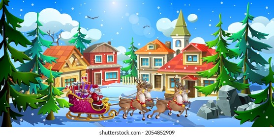 Christmas village with colorful houses. Santa Claus rides with gifts in a sleigh pulled by reindeer.