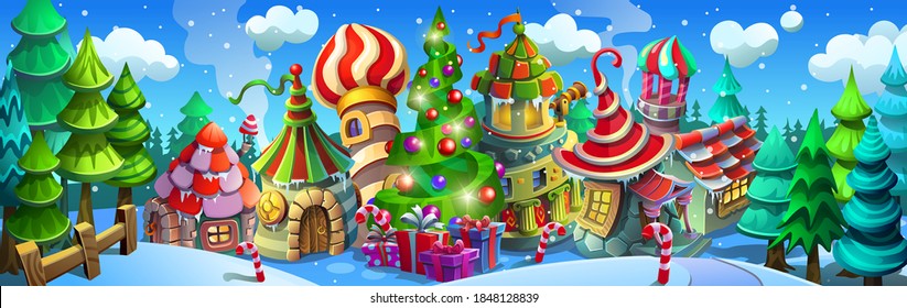 Christmas village with colorful houses and striped roofs. Christmas tree with gifts and garlands.